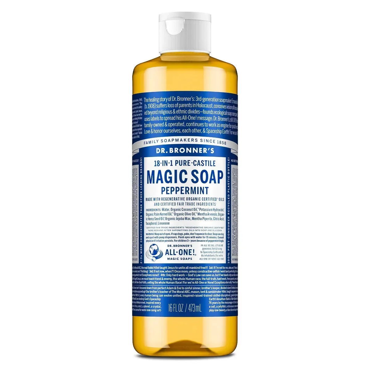 Dr. Bronner's Magic Pure Castile Liquid Soap Bodywash - Peppermint - 16 fl oz: Vegan, Paraben-Free, Whole Body, Normal Skin