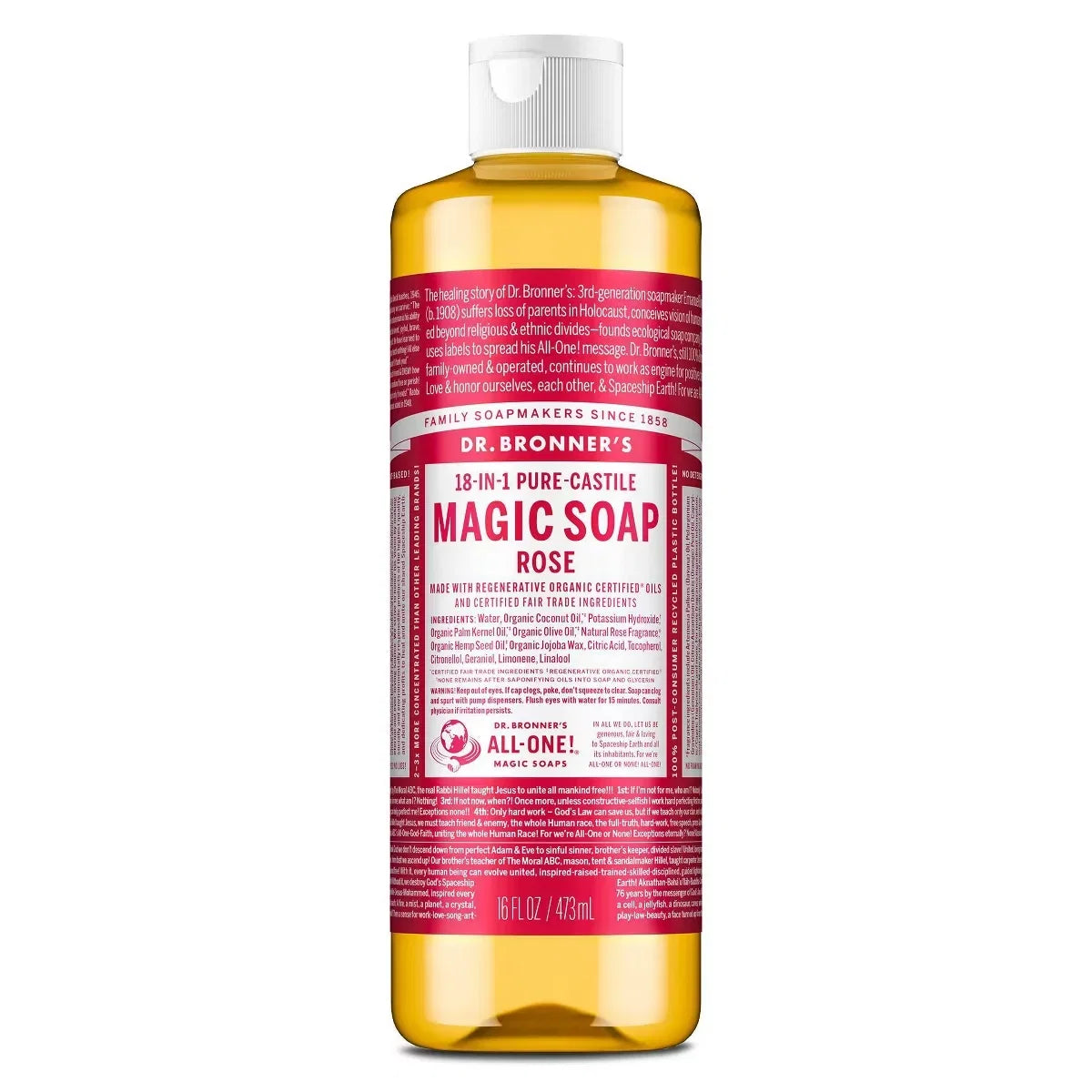 Dr. Bronner's Magic Pure Castile Liquid Soap Bodywash - Rose - 16 fl oz: Whole Body, Recommended for Normal to Dry Skin