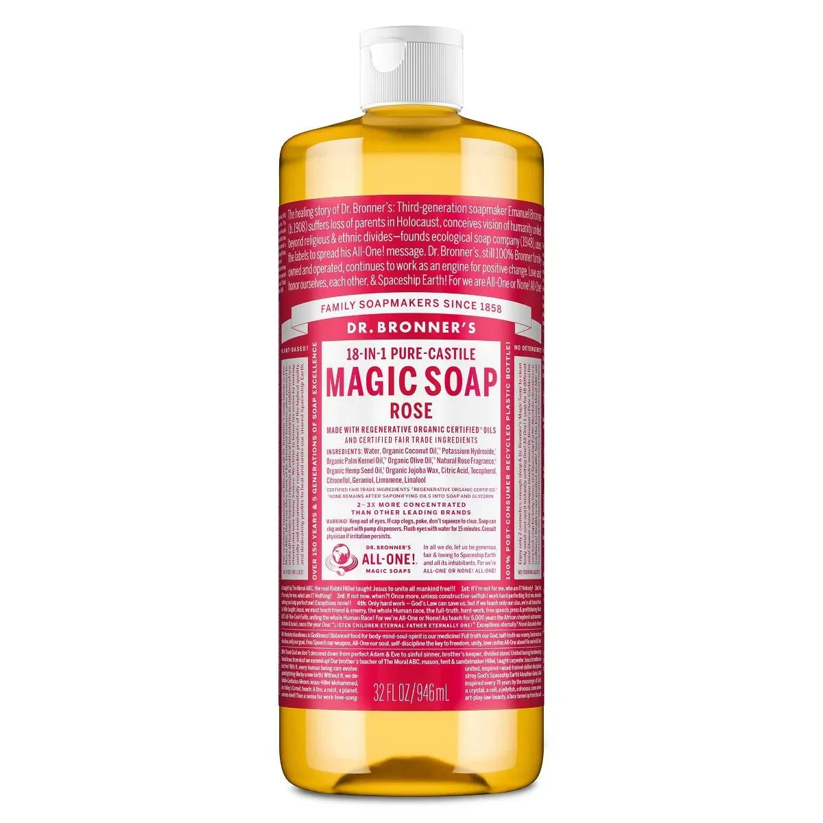 Dr. Bronner's Magic Pure Castile Liquid Soap Bodywash - Rose - 32 fl oz: Vegan, Contains Hemp Seed & Coconut Oil, Paraben-Free
