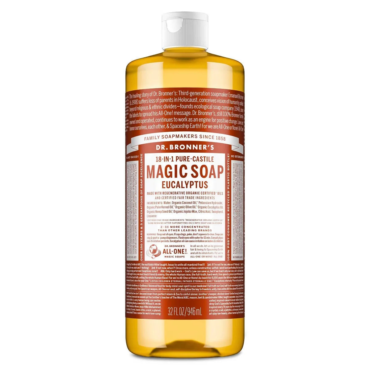Dr. Bronner's Magic Pure Castile Liquid Soap Bodywash - Eucalyptus - 32 fl oz: Paraben-Free, Alcohol-Free, Non-Toxic, Vegan