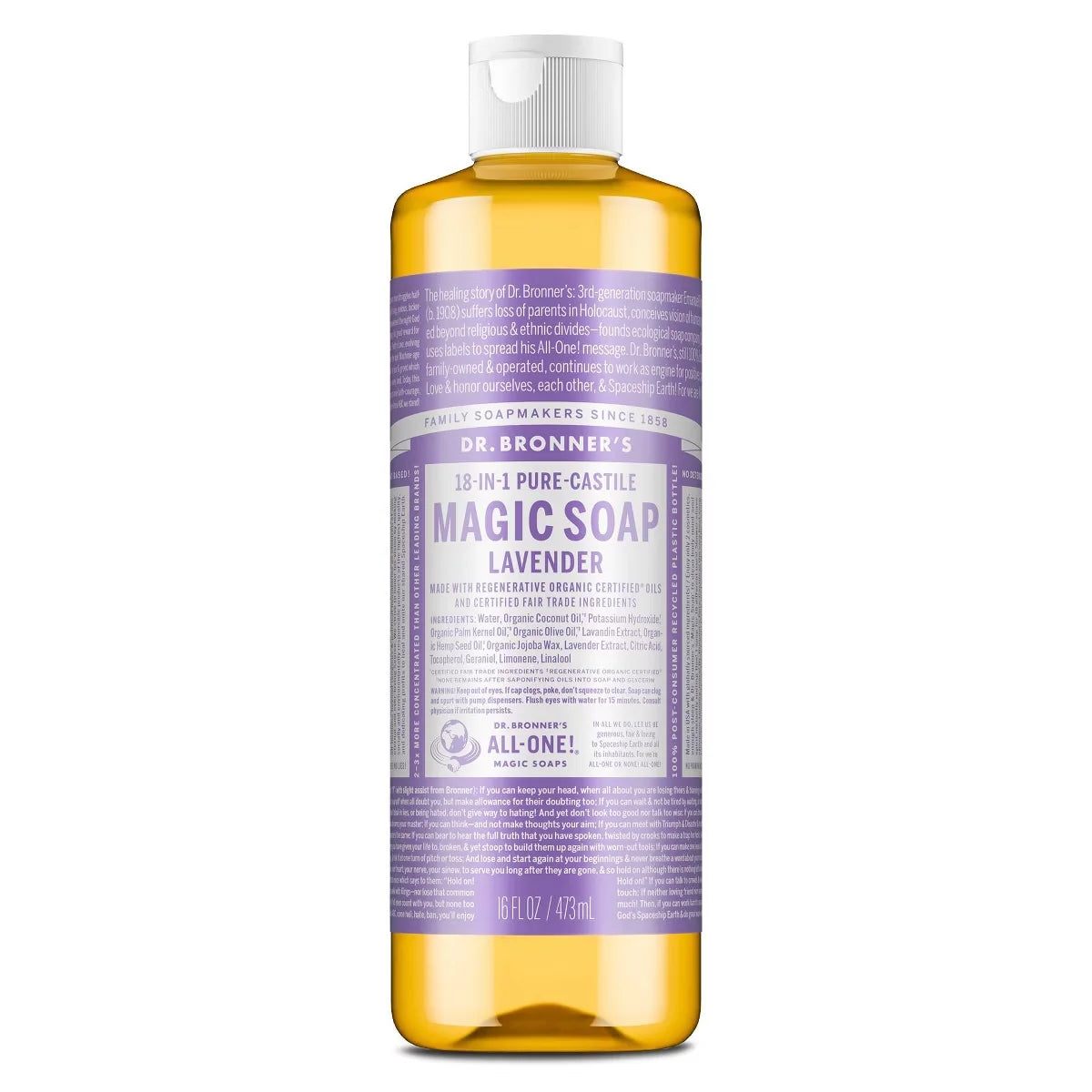 Dr. Bronner's Magic Pure Castile Liquid Soap Bodywash - Lavender - 16 fl oz: Vegan, Paraben-Free, Whole Body, Non-Toxic