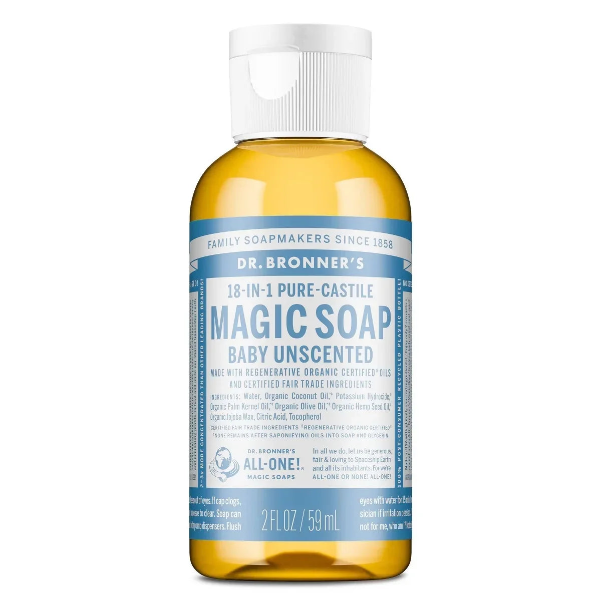 Dr. Bronner's Magic Pure Castile Liquid Soap Hand & Bodywash - Baby Unscented - 2 fl oz: Basic Cleansing, Vegan Formula