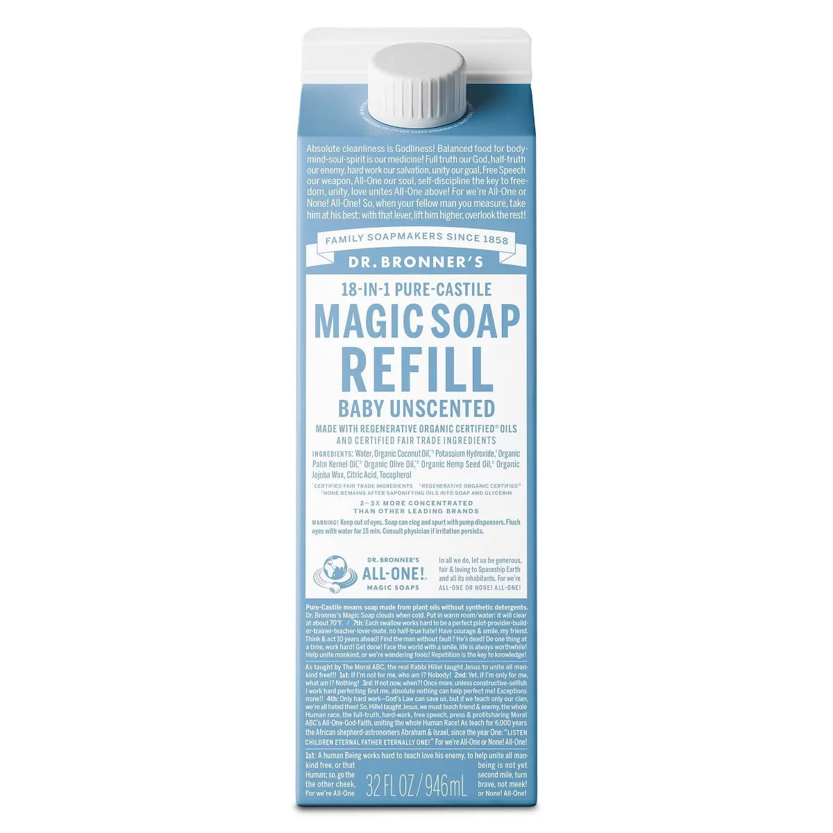Dr. Bronner's Pure Castile Liquid Soap Bodywash Refill Carton - Unscented - 32 fl oz: Paraben-Free, Vegan, For Normal & Dry Skin