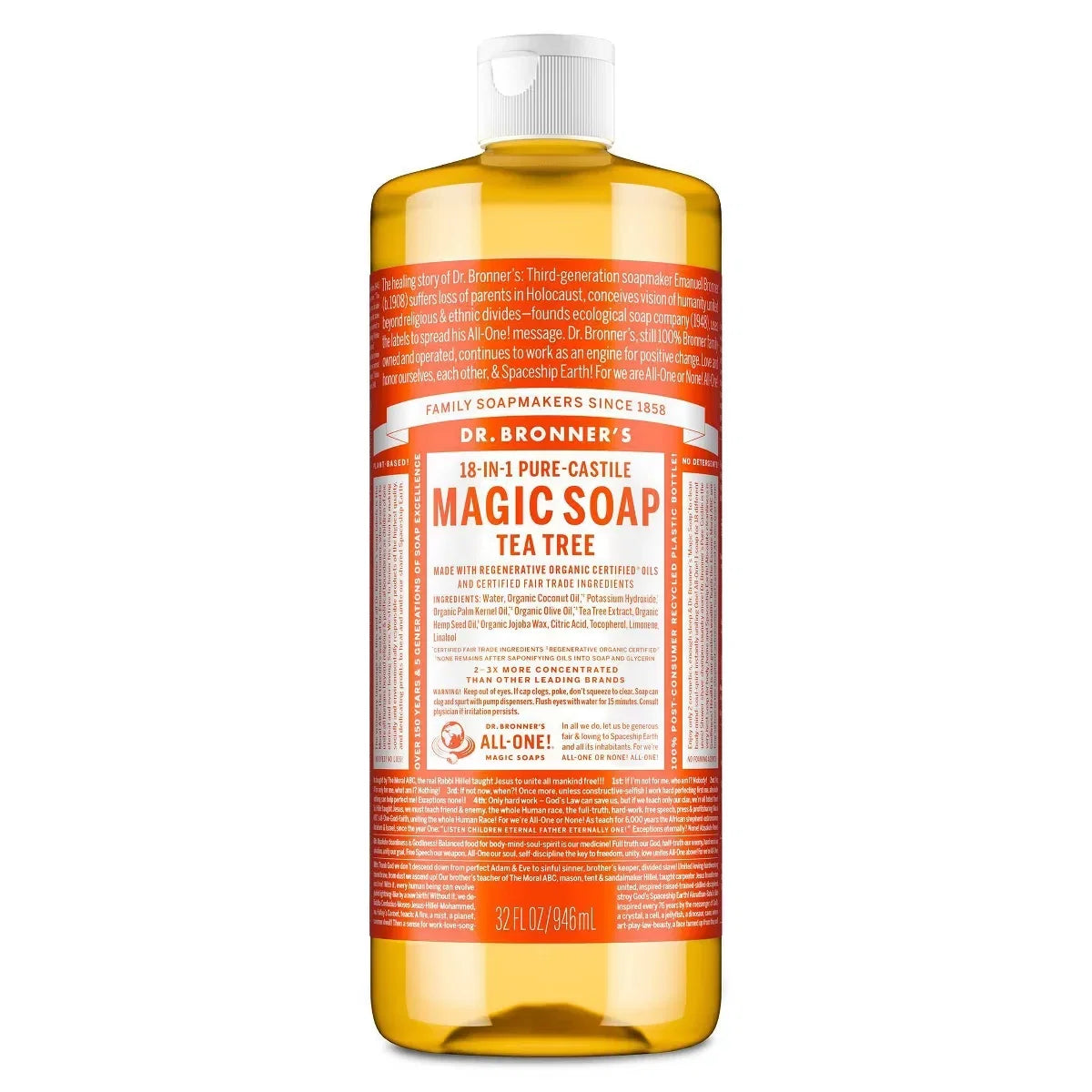 Dr. Bronner's Magic Pure Castile Liquid Soap Bodywash - Tea Tree - 32 fl oz: Vegan Cleanser, Normal Skin, Paraben-Free