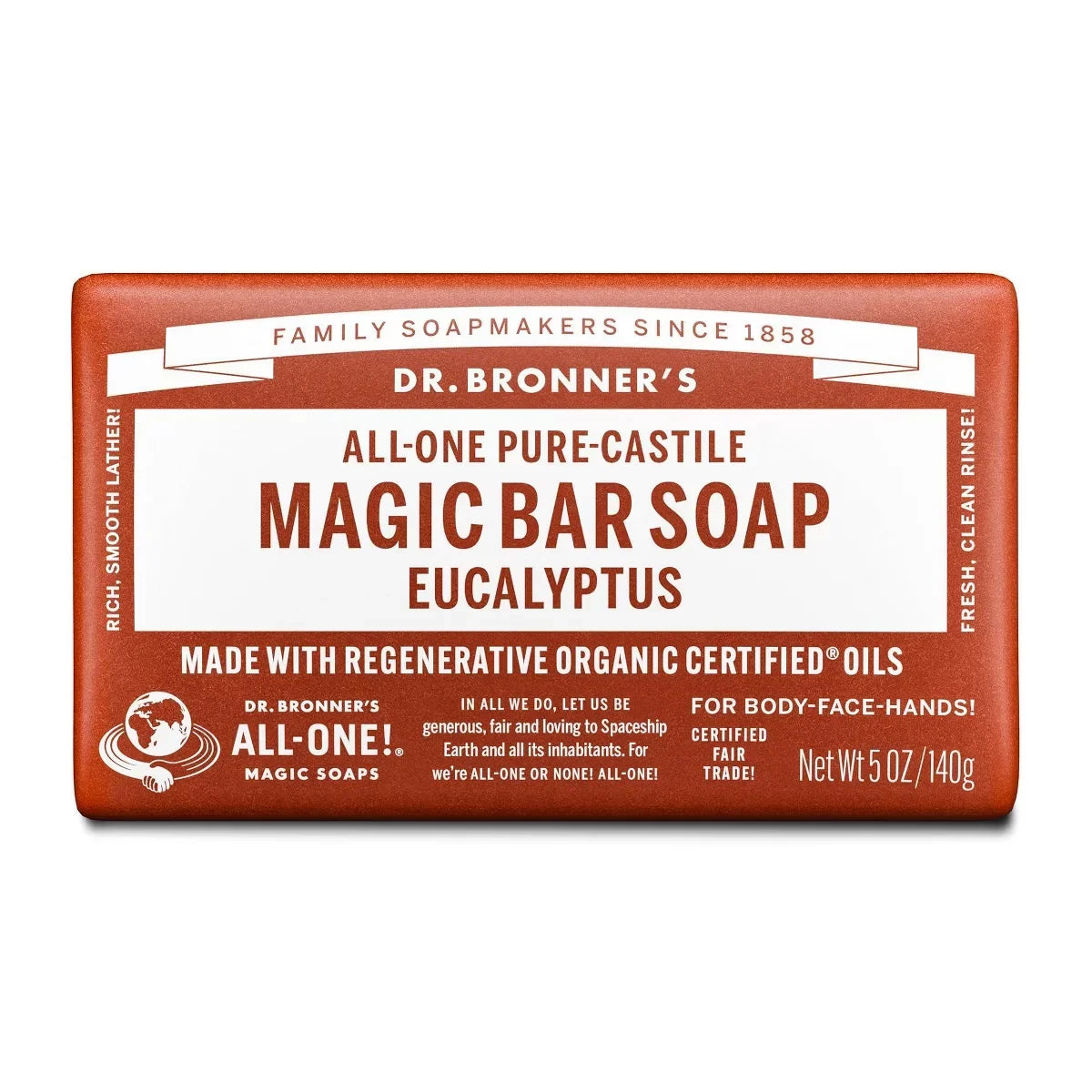 Dr. Bronner's All-One Pure-Castile Magic Bar Soap - Eucalyptus - 5oz: For Normal Skin, Basic Cleansing, Free from Parabens