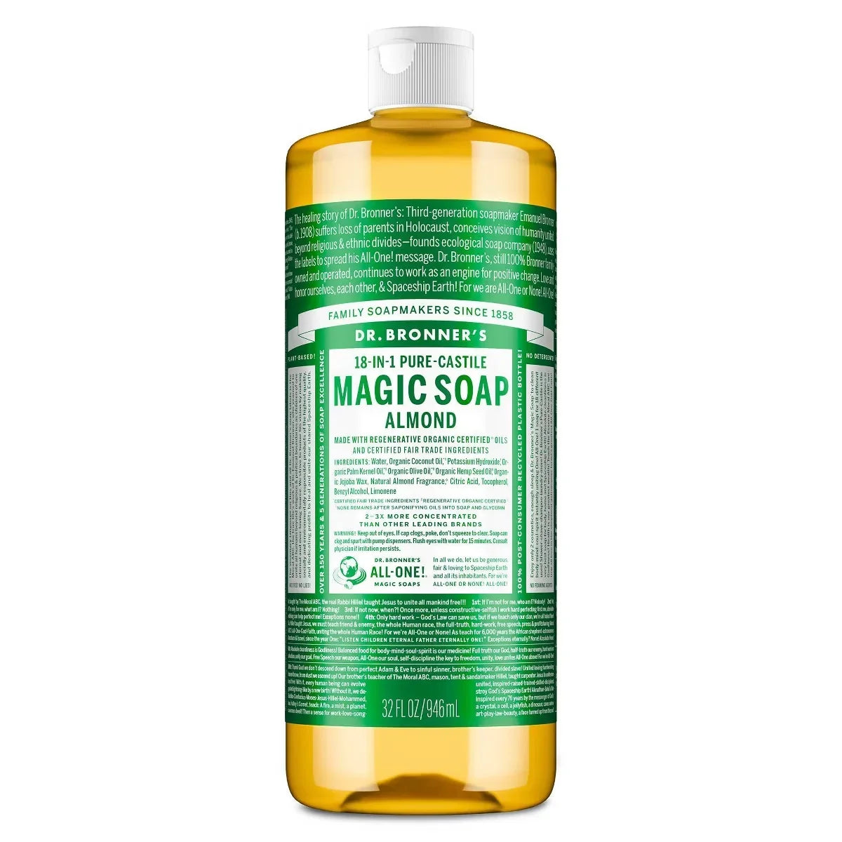 Dr. Bronner's Magic Pure Castile Liquid Soap Bodywash - Almond - 32 fl oz: Paraben-Free, Vegan, Whole Body Use