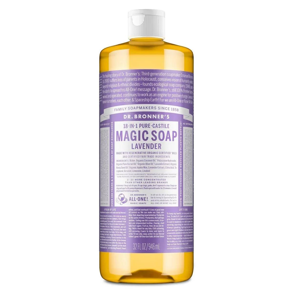 Dr. Bronner's Magic Pure Castile Liquid Soap Bodywash - Lavender - 32 fl oz: Vegan, Non-Toxic, Whole Body Use