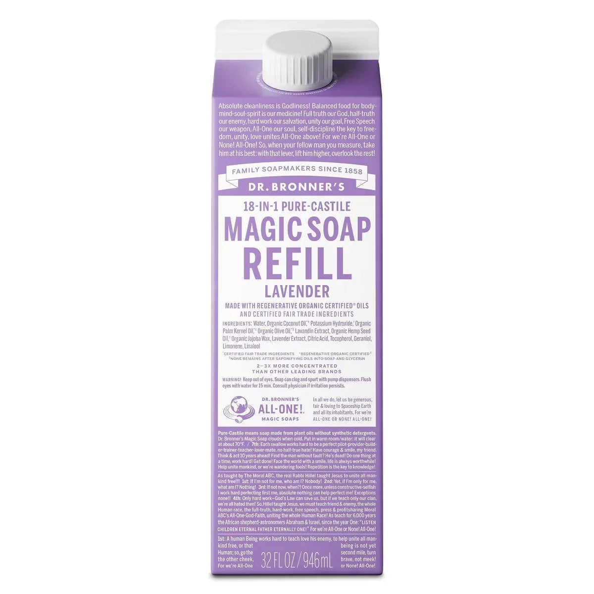 Dr. Bronner's Pure Castile Liquid Soap Bodywash Refill Carton - Lavender - 32 fl oz: Vegan, Non-Toxic, Sensitive Skin