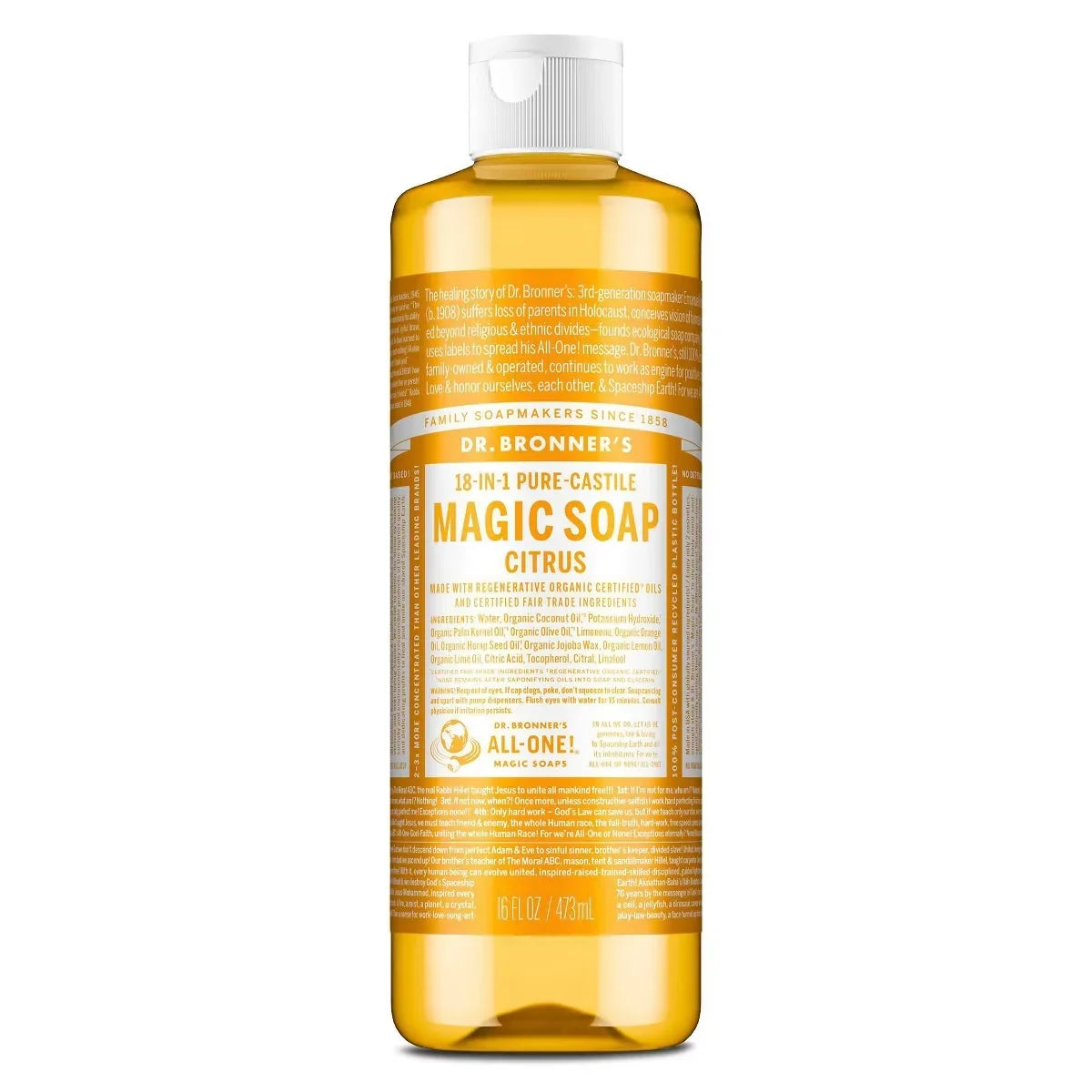 Dr. Bronner's Magic Pure Castile Liquid Soap Bodywash - Citrus - 16 fl oz: Vegan, Made Without Parabens, Ethyl Alcohol-Free, Petroleum-Free