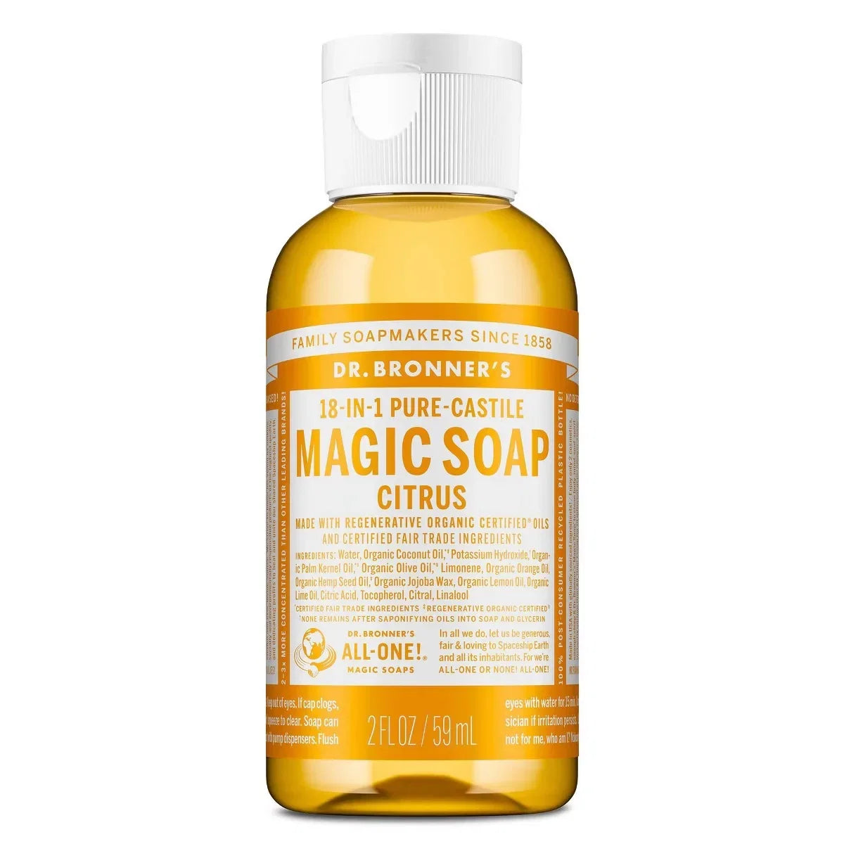 Dr. Bronner's Magic Pure Castile Liquid Soap Hand & Bodywash - Citrus - 2 fl oz: Vegan, Ethyl Alcohol-Free, Non-Toxic, Whole Body